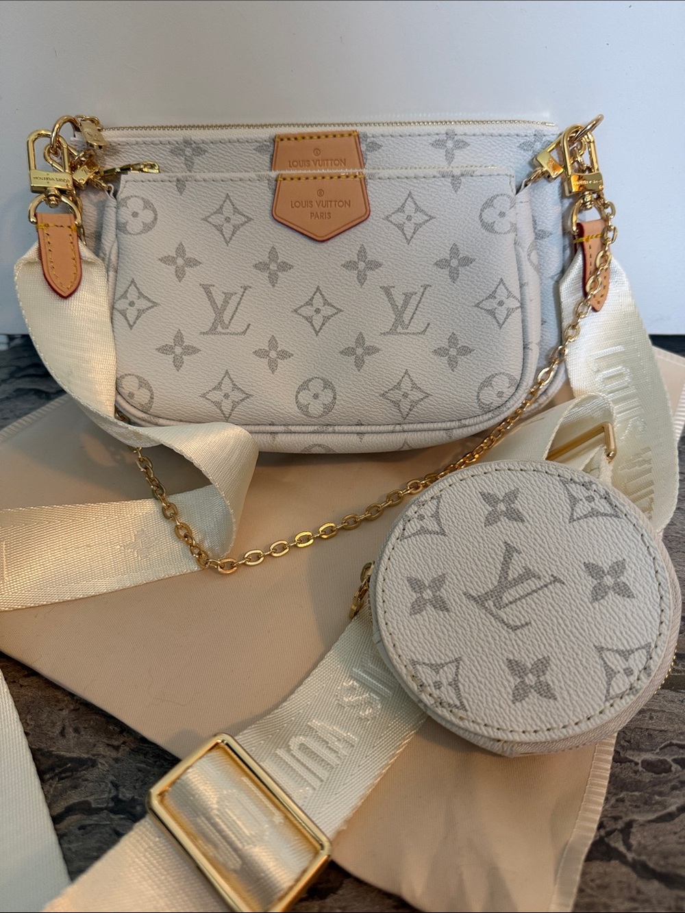 Monogram Canvas Multi-Pochette Crossbody Bag in White & Gray